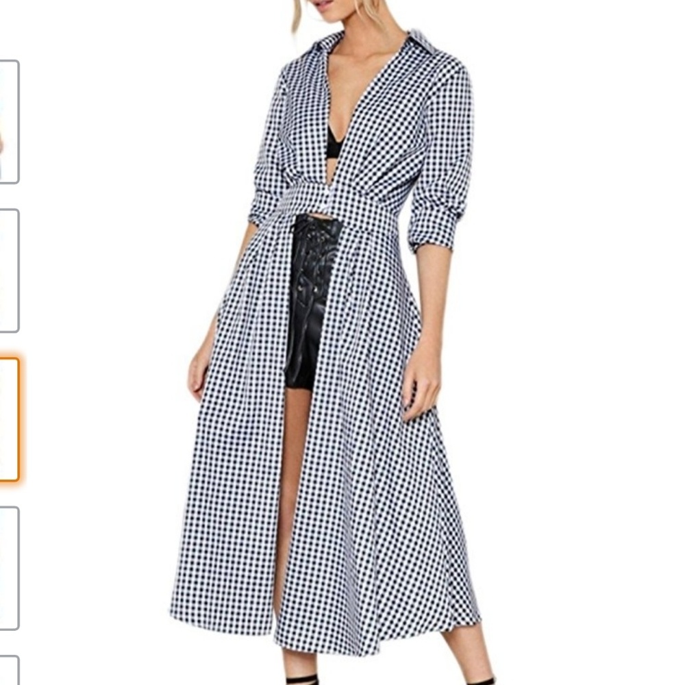 Plaid Print V Neck Open Front Long Sleeve Midi Dre